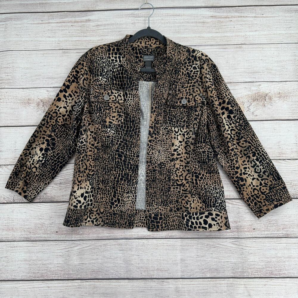 Additions by Chicos Animal Print Open Front‎ Jacket Womens 2/12/L Beige Black